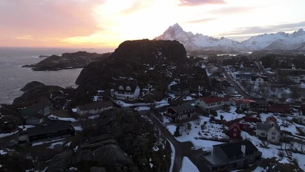Aerial view of Lofoten landscape in Norway.