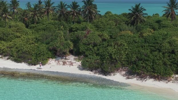 Aerial view of a person walking on a white sand beach Maldives.