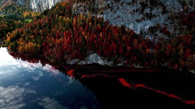 Aerial view of Attersee lake with autumn foliage Austria.