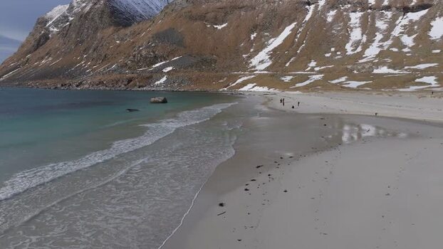 Aerial view of Lofoten beach in Vagan Municipality Norway.