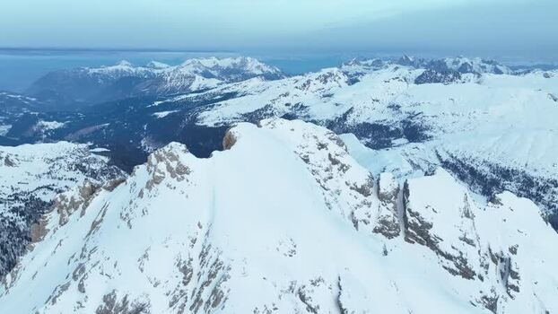 Aerial view of snow covered peaks in the Pale di San Martino Italy.