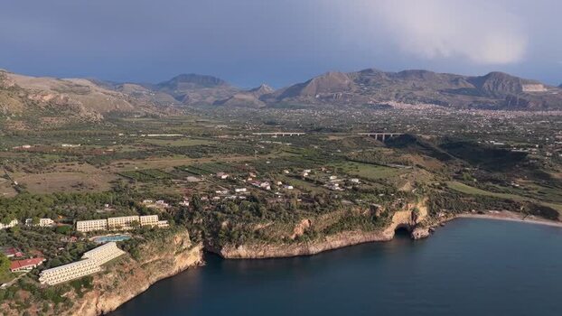 Aerial view of the Terrasini coastline in Sicily Italy.