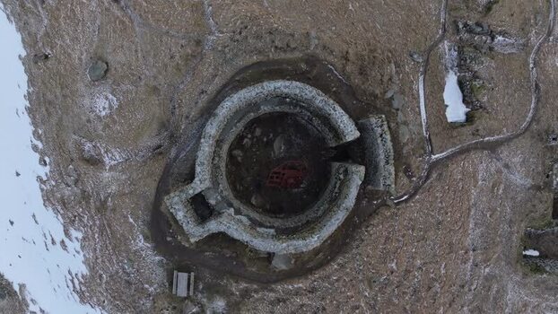 Aerial view of historic stone fortification in Lofoten Norway.