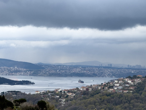 View of the Bosphorus strait with a cargo ship and coastal houses under a heavy overcast sky in Sariyer Istanbul Turkiye.
