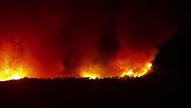 View of a forest fire burning at night in Spain.