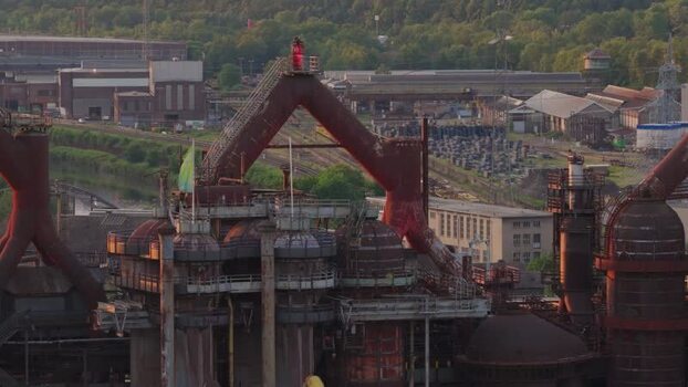 Aerial view of Volklingen Ironworks with rusty pipes Germany.