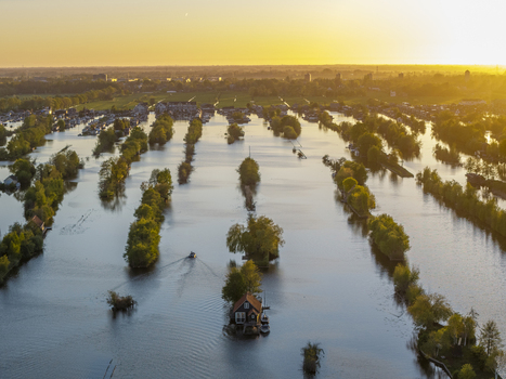 Aerial view of Scheendijk featuring small islands with lush trees and houses surrounded by calm water during golden hour in Breukelen Utrecht Netherlands. Aerial view of Scheendijk featuring small islands with lush trees and houses surrounded by calm water during golden hour in Breukelen Utrecht Netherlands.