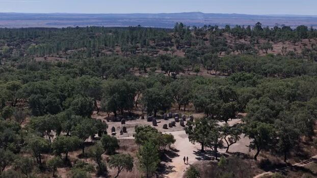 Aerial view of Almendres Cromlech stone circles in Portugal. Aerial view of Almendres Cromlech stone circles in Portugal.