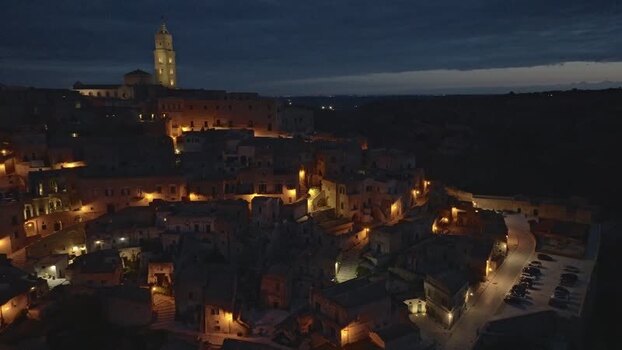 Aerial view of Matera at night Italy.