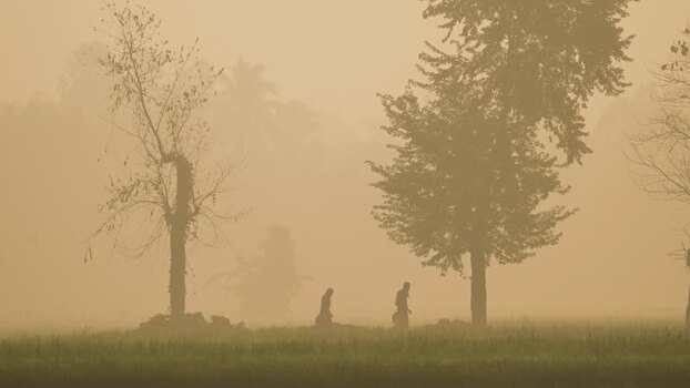 View of people walking through misty fields in Bogura Bangladesh. View of people walking through misty fields in Bogura Bangladesh.
