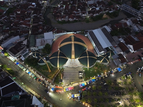 Aerial Night View of Al Baitul Amien Mosque in Jember Jawa Timur