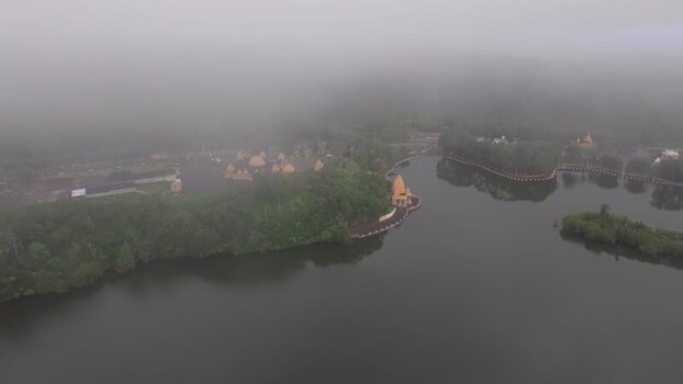 Aerial view of Grand Bassin and surrounding temples Mauritius.