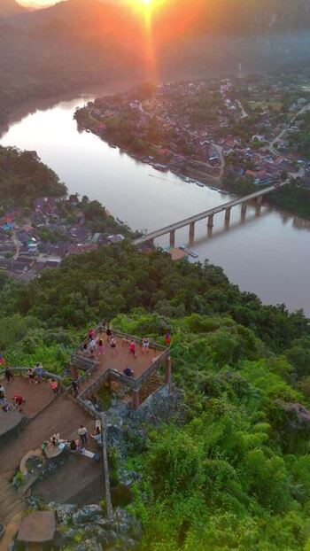 Aerial view of Som Nang NongKhiaw Viewpoint and Nam Ou River Laos.