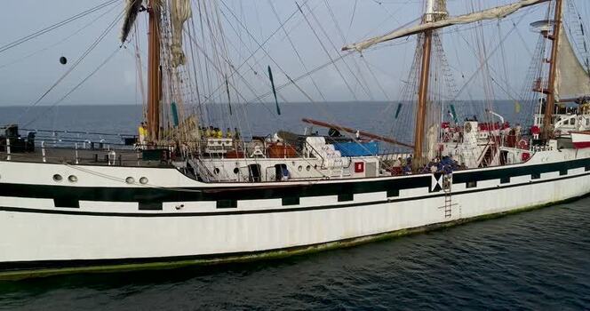 Aerial view of Buque Escuela Simon Bolivar sailing ship Venezuela.