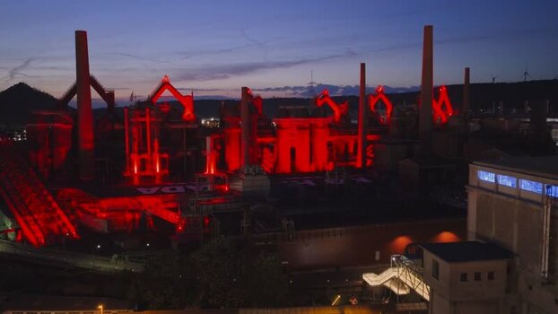 Aerial view of Volklingen Ironworks at dusk Germany. Aerial view of Volklingen Ironworks at dusk Germany.