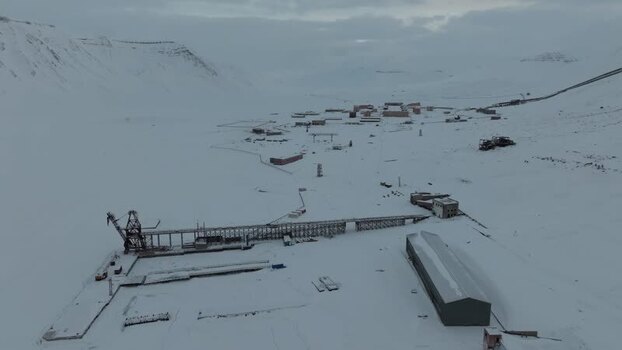 Aerial view of Pyramiden mining town in Svalbard and Jan Mayen.