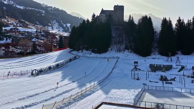 Aerial view of Schloss Naudersberg in winter Austria.