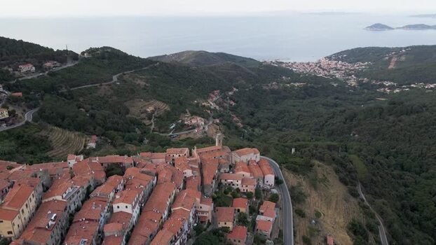 Aerial View of Marciana a small town on the hilltop Elba Island Italy.