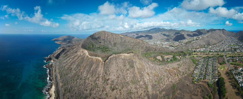 Aerial view of Koko Head volcano a stark contrast between the turquoise ocean and the arid crater landscape Honolulu Hawaii United States. Aerial view of Koko Head volcano a stark contrast between the turquoise ocean and the arid crater landscape Honolulu Hawaii United States.