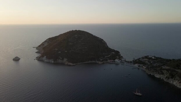 Aerial View of Capo d Enfola at sunset Elba Island Tuscany Italy.
