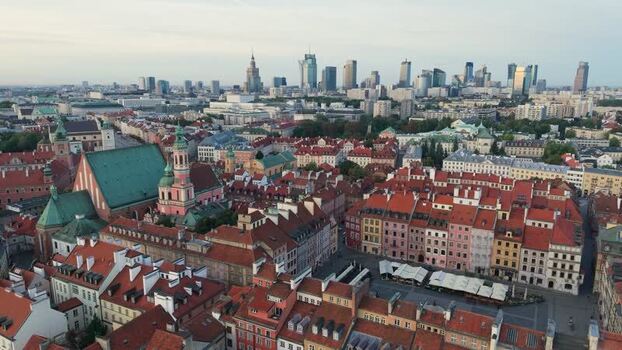 Aerial view of Warsaw Old Town and modern skyline Poland.