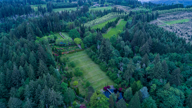 Aerial view of the lush estate near Northwest Skyline Boulevard featuring dense evergreen forests a manicured green lawn and a small pond with a bridge in Portland Oregon United States. Aerial view of the lush estate near Northwest Skyline Boulevard featuring dense evergreen forests a manicured green lawn and a small pond with a bridge in Portland Oregon United States.