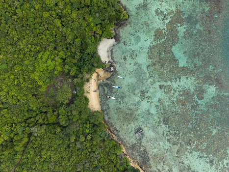 Aerial view of lush green forests meeting the turquoise sea at Karina Beach revealing boats nestled in the sandy shore Karimunjawa Central Java Indonesia.