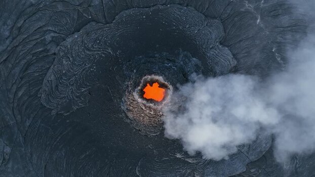 Aerial view of the glowing lava lake of Erta Ale volcano Ethiopia.