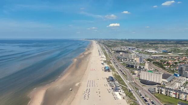 Aerial view of Zandvoort aan Zee beach and coastline Netherlands.