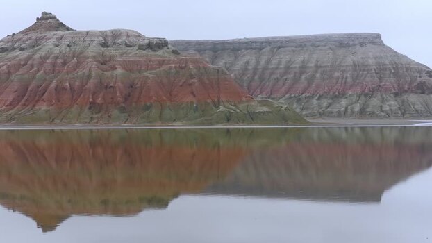 Aerial view of Karynzharyk rock formations in Kazakhstan.