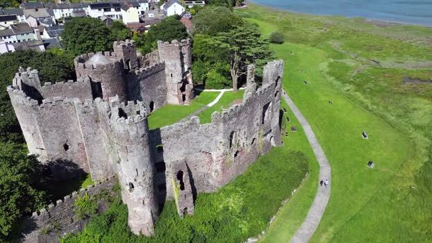Aerial view of the historic Laugharne Castle in Wales United Kingdom.