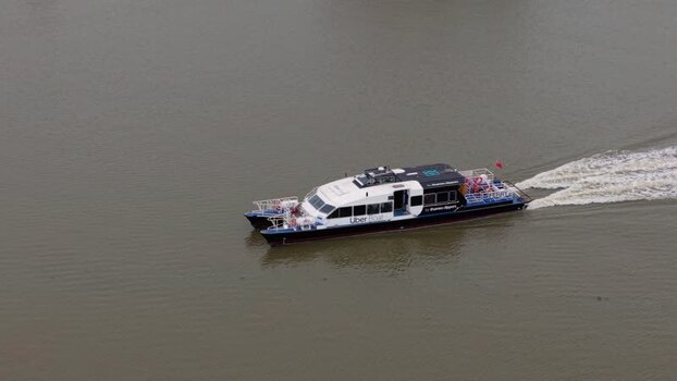 Aerial view of an Uber Boat ferry in London United Kingdom.