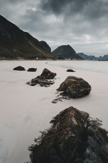 View of the sandy beach at Ramberg with large seaweed covered rocks in the foreground and mountains under an overcast sky in Ramberg Nordland Norway. View of the sandy beach at Ramberg with large seaweed covered rocks in the foreground and mountains under an overcast sky in Ramberg Nordland Norway.