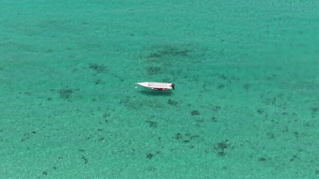 Aerial view of small boat in turquoise water Mauritius.