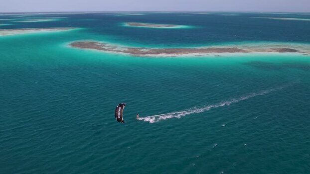 Aerial view of kitesurfing in Los Roques archipelago Venezuela.