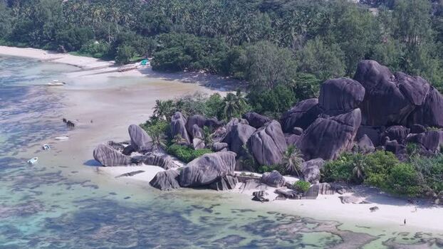 Aerial view of Anse Reunion beach Seychelles.