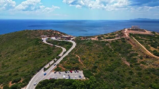Aerial view of Temple of Poseidon at Cape Sounion Greece.