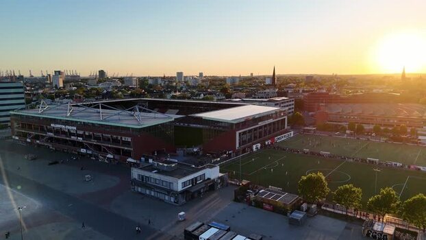 Aerial view of Millerntor Stadion at sunset in Hamburg Germany. Aerial view of Millerntor Stadion at sunset in Hamburg Germany.