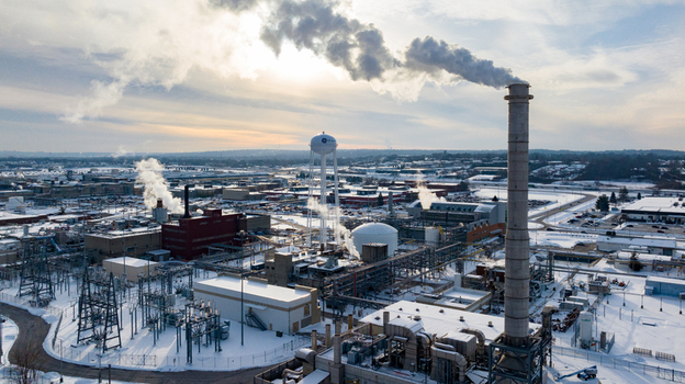 Reading United States 29 January 2026 Aerial view of an industrial facility with tall smokestacks emitting steam over a snow covered landscape in winter. Reading United States 29 January 2026 Aerial view of an industrial facility with tall smokestacks emitting steam over a snow covered landscape in winter.