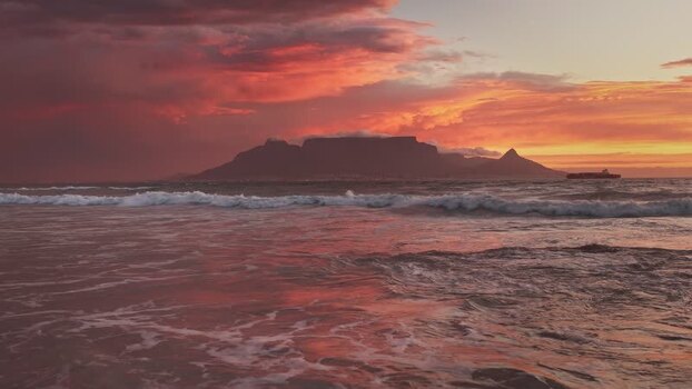 View of Table Mountain and Lion s Head at sunset South Africa.