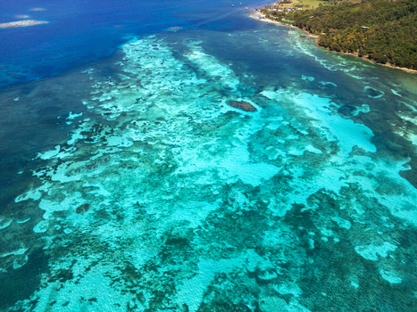 Aerial view of vibrant coral reefs and turquoise waters along the lush tropical coastline of Guanaja Bay Islands Department Honduras. Aerial view of vibrant coral reefs and turquoise waters along the lush tropical coastline of Guanaja Bay Islands Department Honduras.