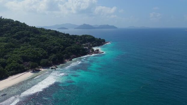 Aerial view of Anse Reunion beach in Seychelles.