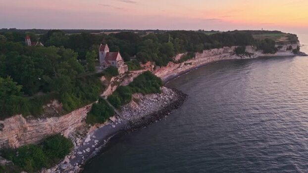 Aerial view of Stevns Klint and Hojerup Old Church Denmark.