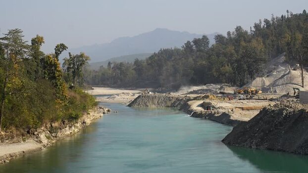 View of a river construction site Nepal.
