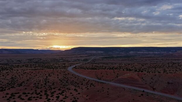 Aerial view of highway at sunset in Abiquiu United States.