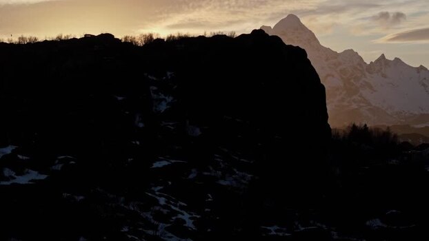 Aerial view of Lofoten mountains at sunset Norway.