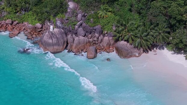 Aerial view of Anse Lazio beach in Baie Sainte Anne Seychelles.