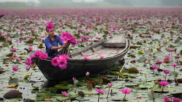View of a boy in a boat collecting pink water lilies Bangladesh. View of a boy in a boat collecting pink water lilies Bangladesh.
