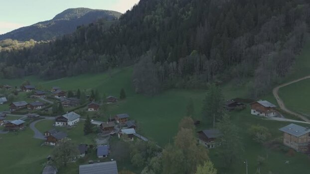 Aerial view of wooden chalets in Saint Gervais les Bains France.