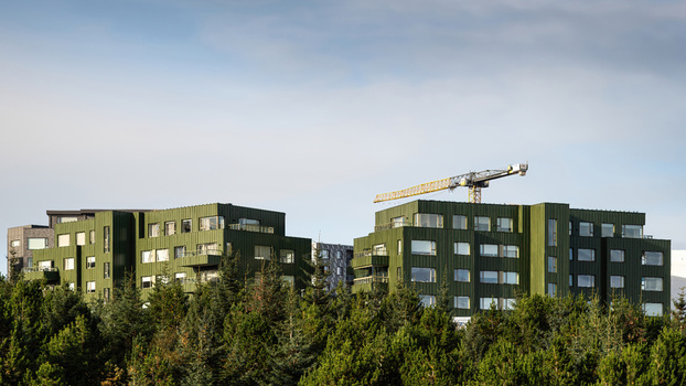 View of a modern green residential complex with a construction crane rising above pine trees under a clear sky in Iceland.